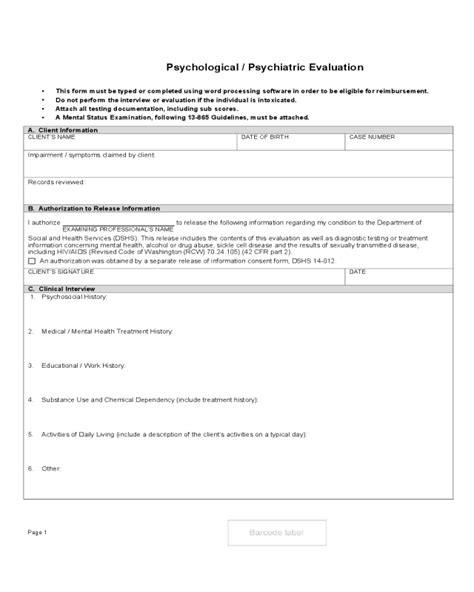 Psychiatric Evaluation Form Fillable Printable Pdf Forms