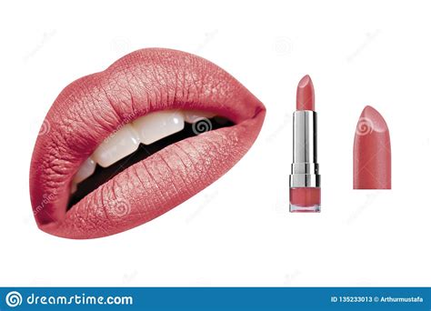 Crimson Red Glossy Satin Lipstick And High Resolution Woman Lips