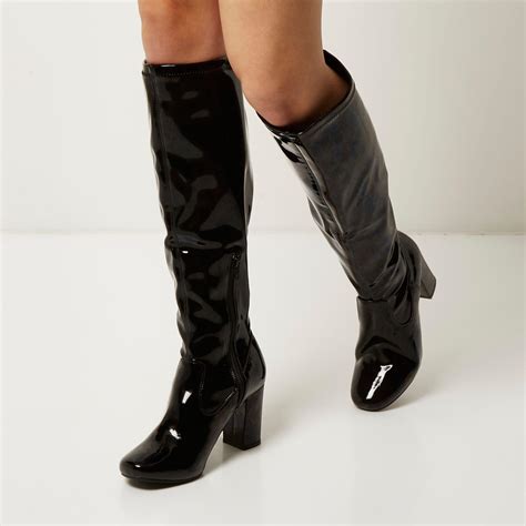 River Island Black Patent Knee High Heeled Boots Lyst