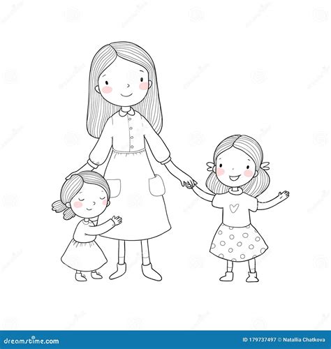 Madre Joven Y Dos Hijas Hermanas De Caricatura Lindas Familia Feliz