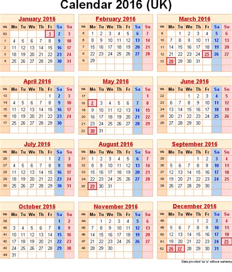 2016 Calendar With Federal And Bank Holidays