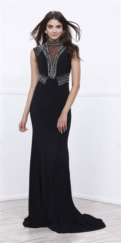 Jeweled Close Neck Black Fit And Flare Evening Gown With Train