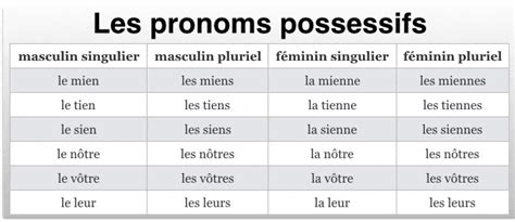 Pronoms possessifs français formes et emplois en français