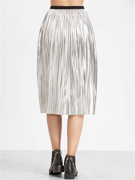 Metallic Silver Contrast Waist Pleated Skirt Sheinsheinside