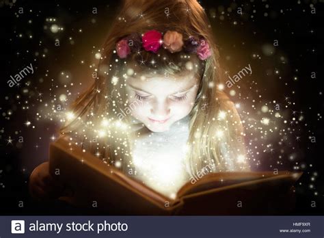 Beautiful Little Girl Reading Magic Book Fantasy Concept
