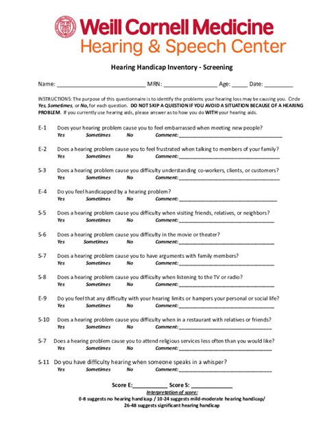 Fillable Online The Revised Hearing Handicap Inventory And Screening