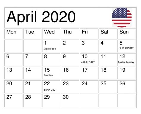 Usa April 2020 Holidays Calendar In 2020 Holiday Calendar Federal
