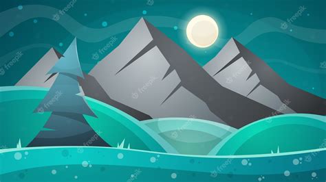 Premium Vector Cartoon Night Landscape Comet Moon Mountains Fir