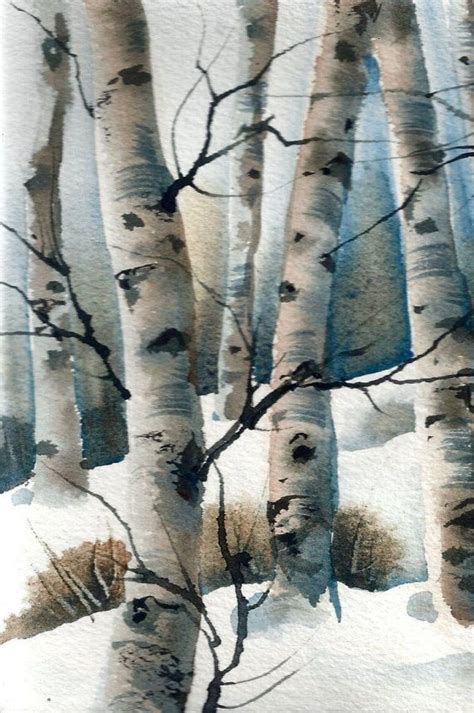 Aspen Grove Winter Landscape Original Watercolor Snow Scene Daily