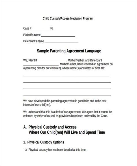 Printable Custody Agreement Forms Printable Forms Free Online