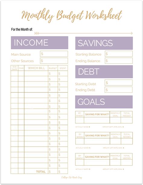 Cute Free Printable Budget Worksheet Templates For Organizing Your Finances Monthly 2017 2018