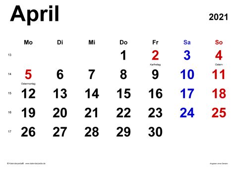 Kalender April 2021 Als Excel Vorlagen