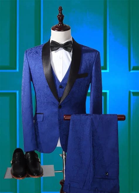2018 Latest Coat Pant Designs Royal Blue Floral Printing Men Suits