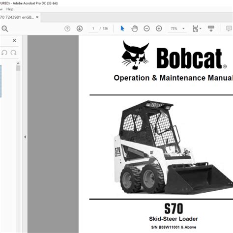 Bobcat S70 Skid Steer Loader Operation And Maintenance Manual Sn