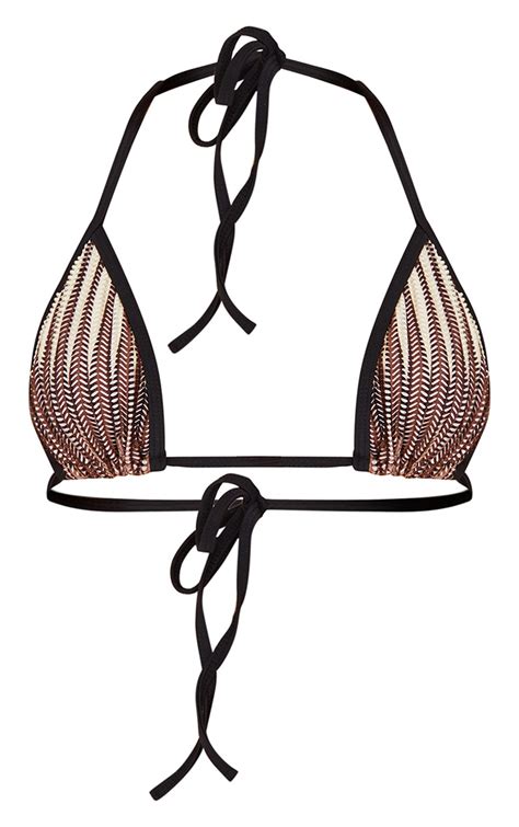 Brown Laser Cut Striped Triangle Bikini Top Prettylittlething Uae