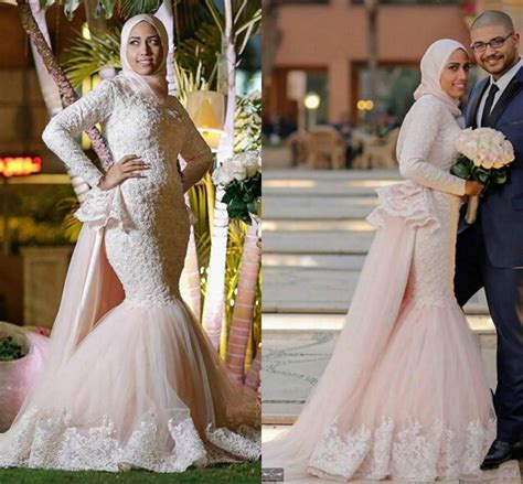 Luxurious Lace 2016 Arabic Muslim Wedding Dresses Mermaid Color Long
