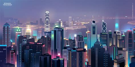 Digital Art Cityscape Hong Kong Victoria Harbour City Drawing