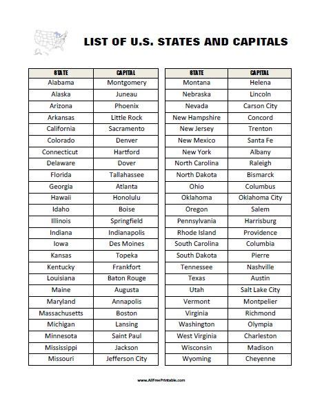 List Of States And Capitals Printable