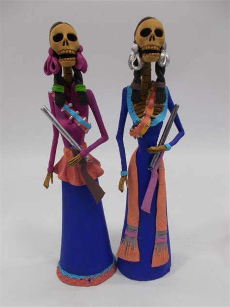 2 Catrina Set Handmade Clay Sculpture Figurines Lot Mexican Day Of The