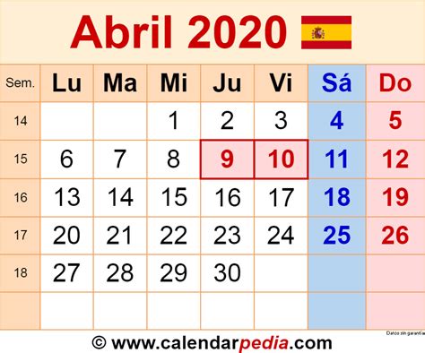 Calendario Abril 2020 En Word Excel Y Pdf Calendarpedia