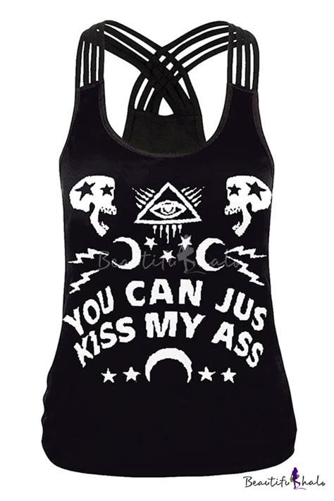 Chic Black Punk Sleeveless Round Neck Hollow Out Back Letter You Can