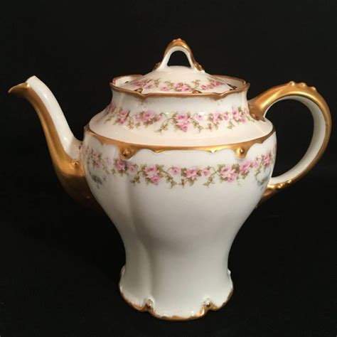 Theodore Haviland Limoges Coffee Tea Pot Set Pink Roses Blue Double