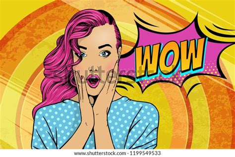 Wow Pop Art Face Sexy Surprised Woman With Pink Hair And Open Mouth