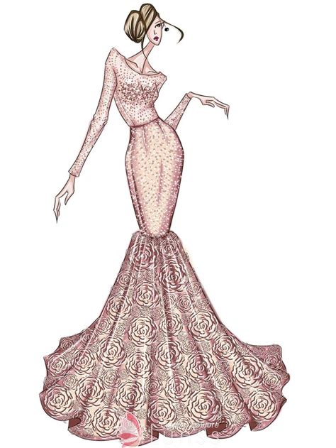 Fashion Hand Drawing Sketch Of Mermaid Pink Prom Dress With 3d Rosettes