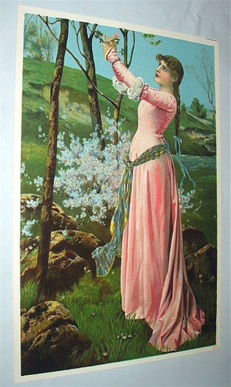 Victorian Lady In Pink Gown Gathering Flowers Original Antique