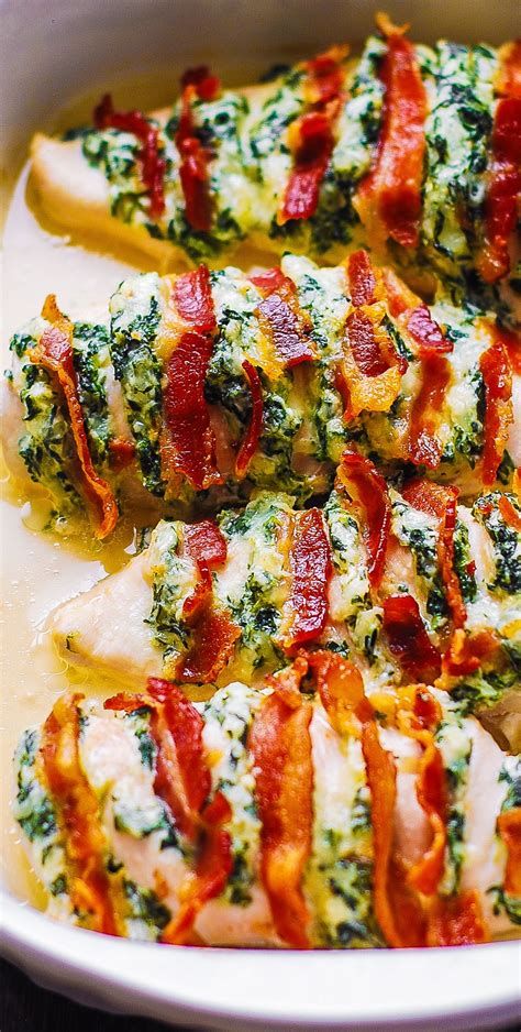 View the recipe and nutrition for spinach and ricotta hasselback chicken, including calories, carbs, fat, protein, cholesterol, and more. Hasselback Chicken with Bacon and Spinach | Hasselback ...