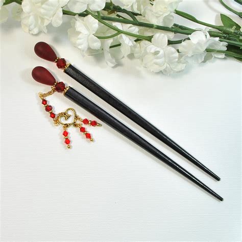 Pair Of Red Geisha Hair Sticks Pair Of 5 Inch Japanese Bun Pins