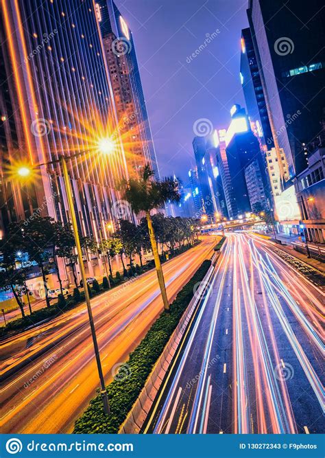 Street Traffic In Hong Kong At Night Stock Image Image Of City