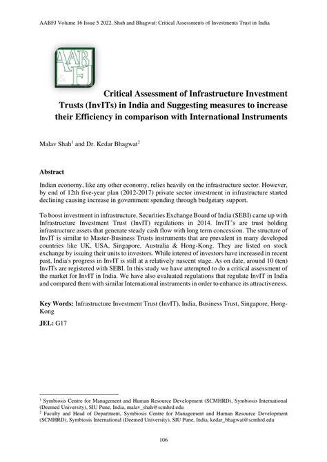 Pdf Critical Assessment Of Infrastructure Investment Trusts Invits
