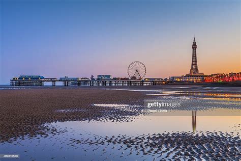 Sunrise Over Blackpool Beach At Low Tide With Blackpool Tower And Big