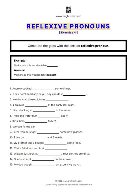 Reflexive Pronoun Exercise Worksheet English Grammar