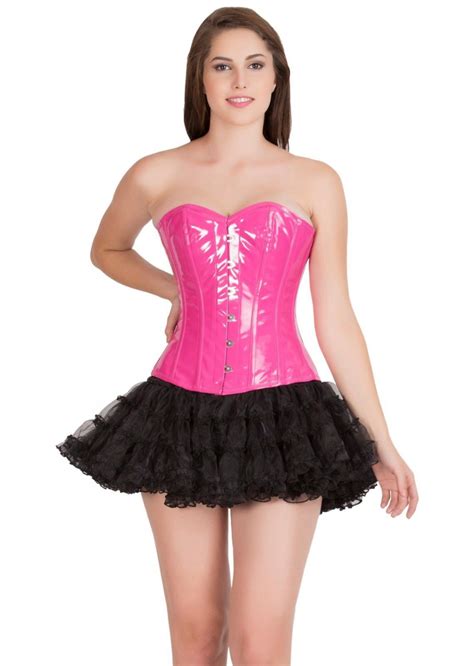 Pink Pvc Faux Leather Burlesque Gothic Overbust And Tissue Tutu Skirt Corset Dress