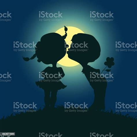 Moonlight Silhouettes Of Kissing Boy And Girl Stock Illustration