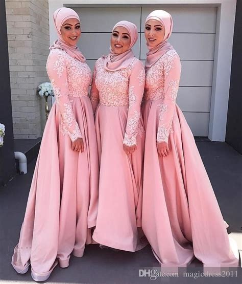 Blush Pink 2017 Muslim Bridesmaid Dresses Crew Long Sleeves Applique Evening Dresses A Line