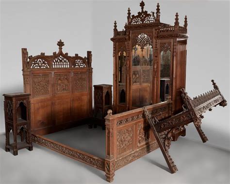 The gothic bedroom looks more than a mere dark area. Neo-Gothic style bedroom furniture set in carved oak wood ...