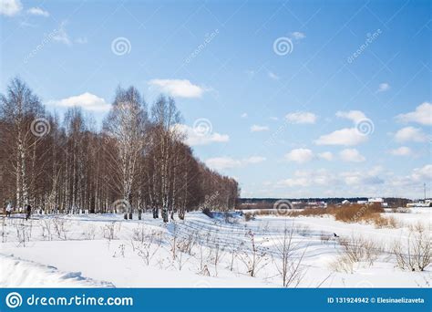 Winter Landscape Countryside Frozen River Sunny Day Blue Sky White