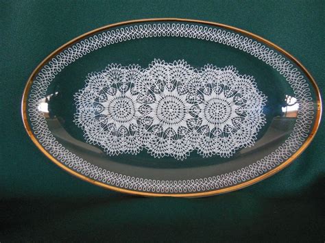 Glass Serving Dish With Gold Trim And White Lace Pattern Glass
