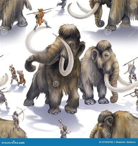 Watercolor Scene Of Primordial Humans Hunting On A Mammoths Stock