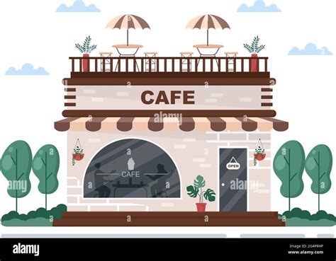 Cafe Or Coffeehouse Illustration With Open Board Tree And Building