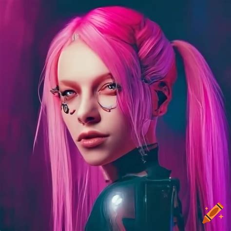 cyberpunk woman with pink hair sitting on futuristic hardware on craiyon