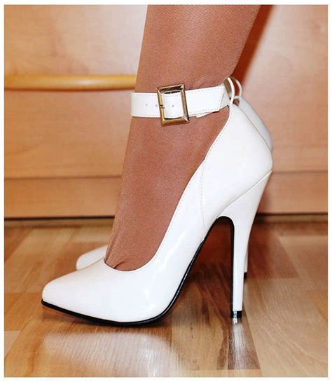Pretty White Ankle Strap Pumps And Sexy Shiny Nylons Lingerie Heels