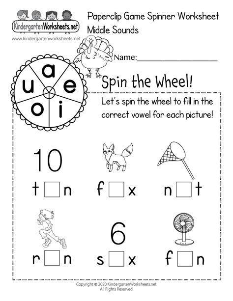 Free Printable Middle Sounds Paperclip Game Spinner Worksheet