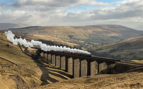 Railway Steam Locomotive Train Nature Bridge Hill Clouds
