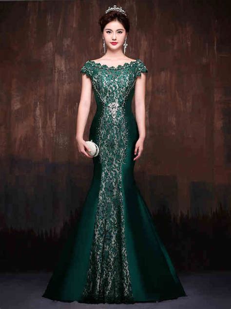 Forest Green Elegant Mermaid Fitted Lace Formal Evening Prom Dress Wit Jojo Shop