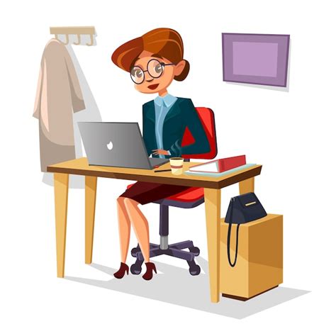 Cartoon Woman Manager Working On Laptop At Table Vector Premium Download