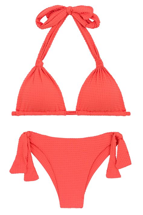 Textured Coral Side Tie Brazilian Bikini With A Halter Top Set Dots
